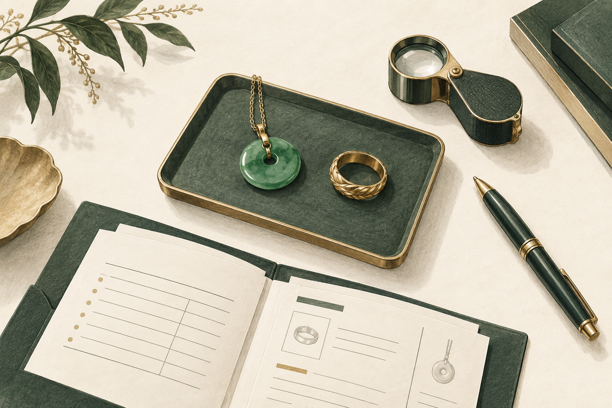 Editorial illustration of jewelry, a loupe and purchase records for a supplier due diligence guide.