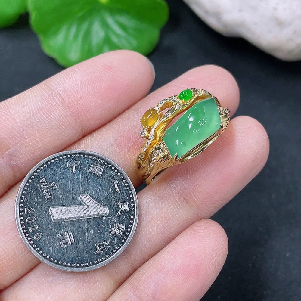 Jadeite ring with 18K gold band and diamond accents, size 16, crafted by HKHQ, showcasing intricate design and gemstone details.