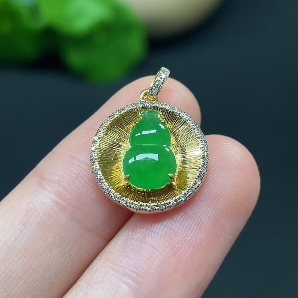 Jadeite Gourd Inlaid Pendant 18k with Diamond Accents