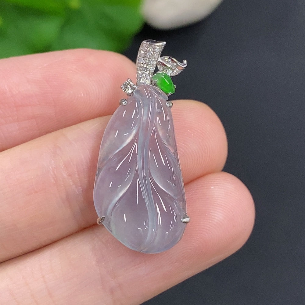 Jadeite Leaf Pendant . With Diamond Accents | Huiliu Certified