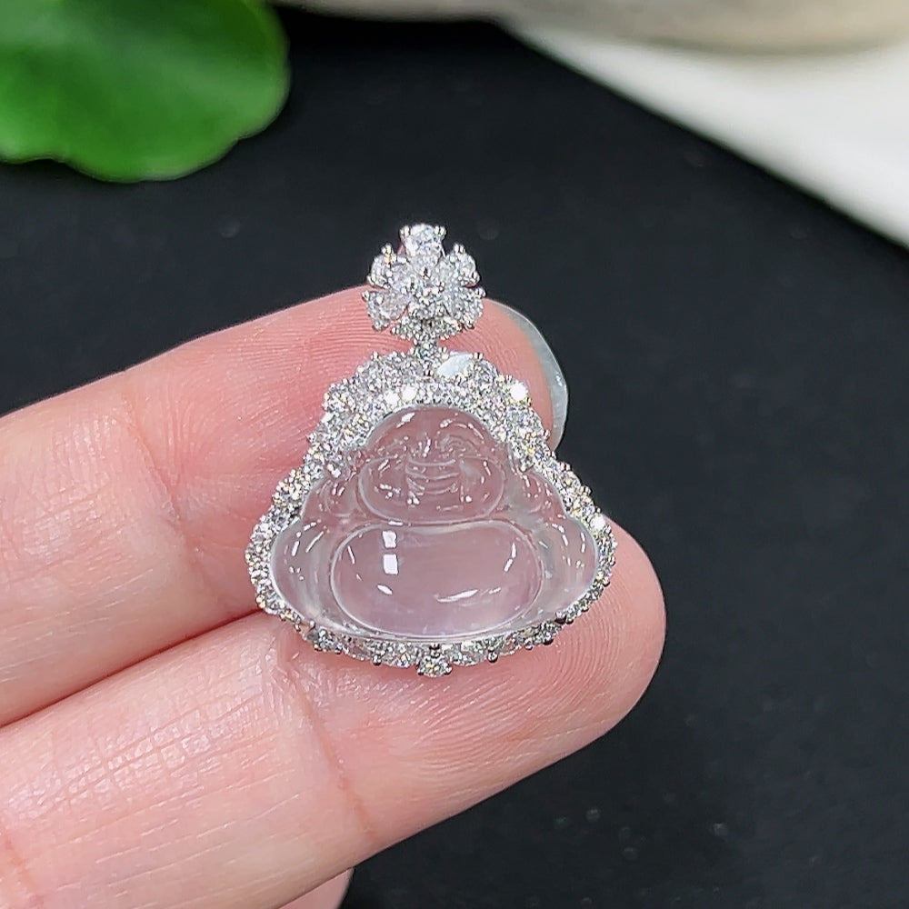 Jadeite Buddha pendant on necklace with 18k non-diamond setting, crafted by HKHQ, showing detailed Buddhist figure and smooth jadeite surface.