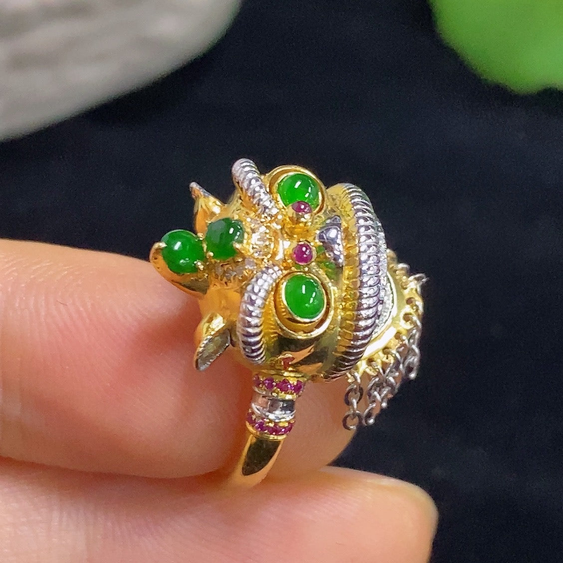Jadeite cabochon solitaire ring with 18K gold and diamond accents, size 13, featuring a clear jade stone and gold band.