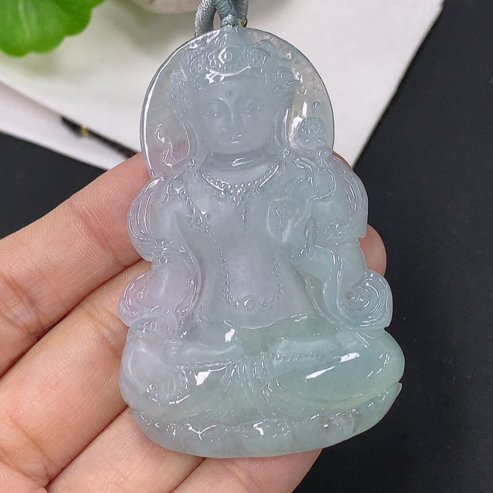 Jadeite Guanyin pendant with cord, crafted from green jade, weighing approximately 31.78g, by HUILIU HQ.