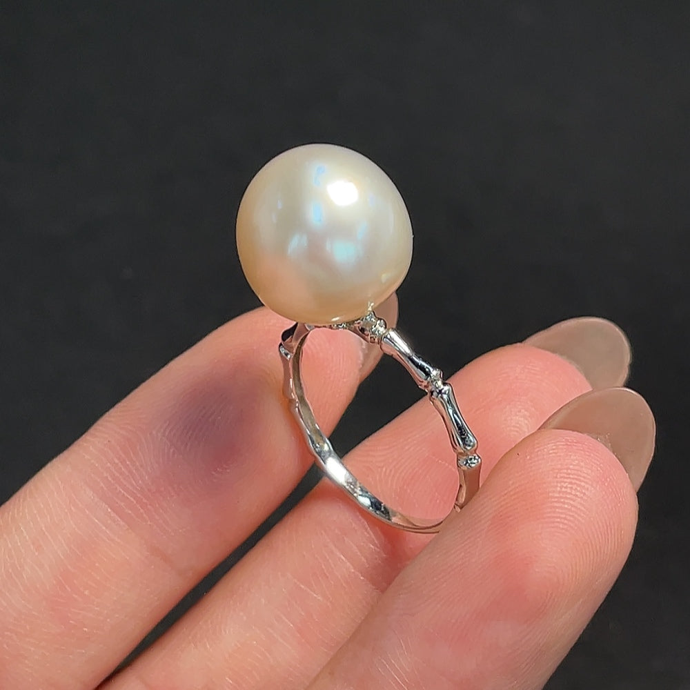 Seawater pearl ring with 18K gold band, 13mm pearl, size 16.5, HKHQ jewelry, elegant and lustrous design.