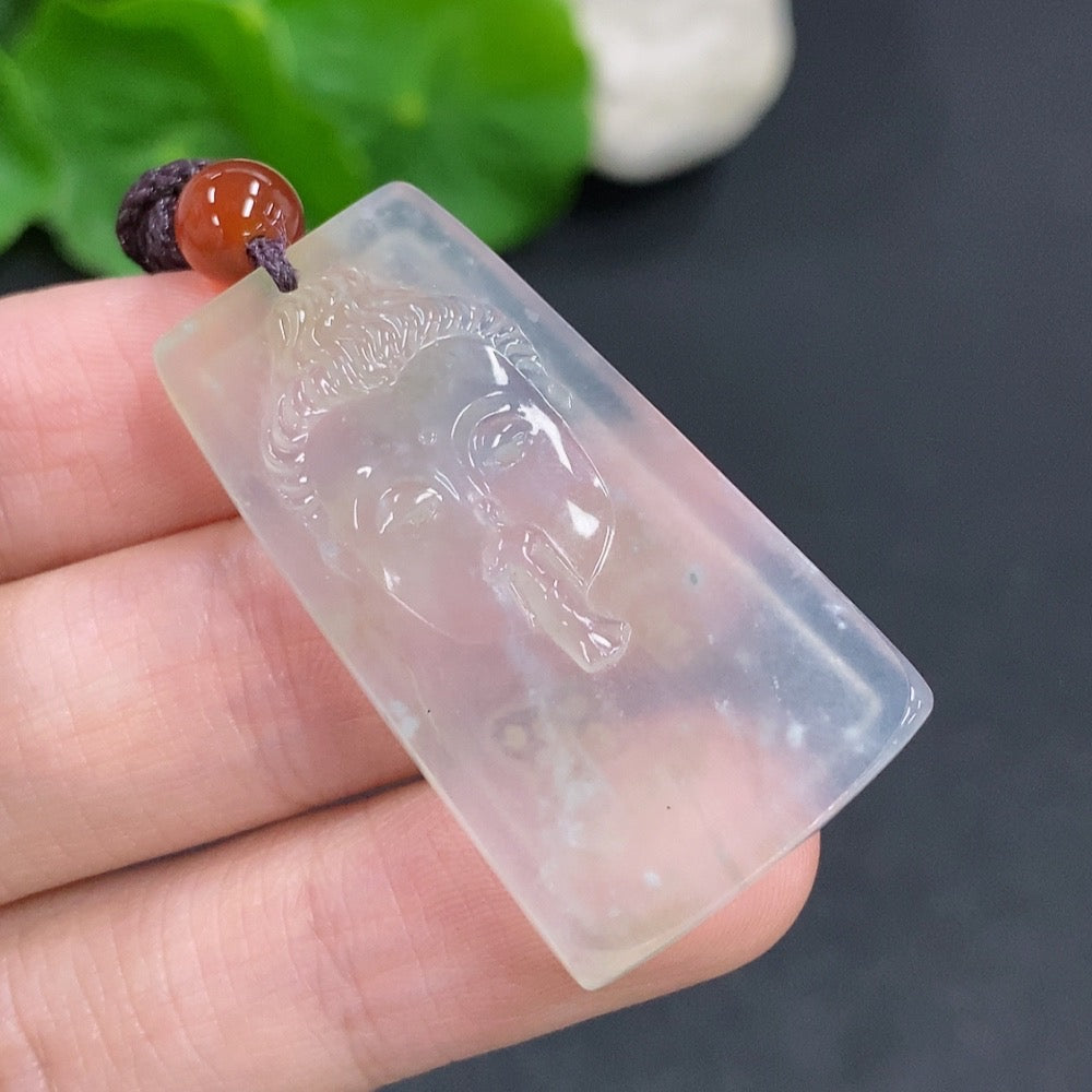 Jadeite Buddha pendant with a smooth, polished surface, attached to a rope, weighing approximately 9.3 grams, by HKHQ.
