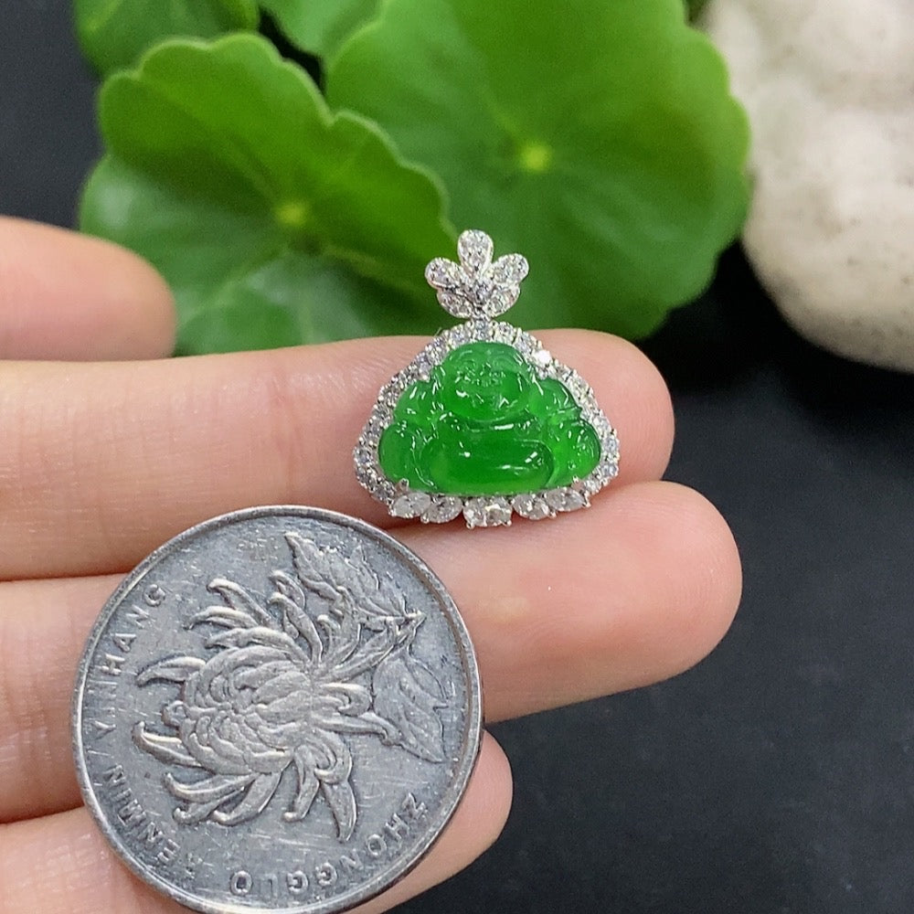 Jadeite Buddha Pendant Set in 18K Gold with Diamond Accents (Smallest Only) Total Weight Approx. 1.97g