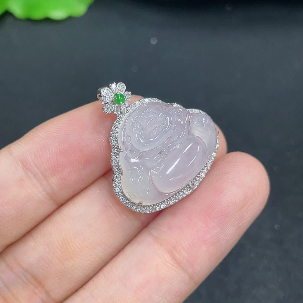 Jadeite Buddha pendant with 18k gold and diamond accents, weighing approximately 3.9g, crafted by HKHQ.