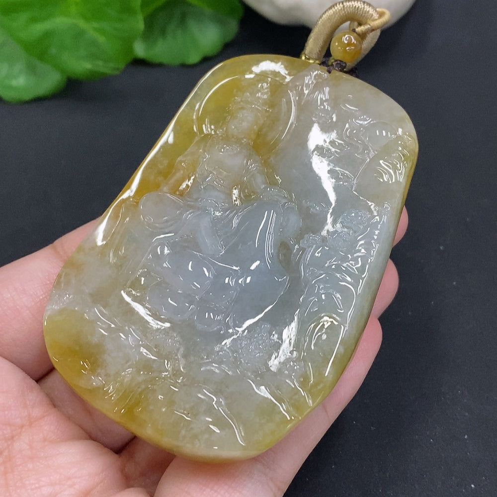 Jadeite Guanyin pendant with landscape design on jade, weighing approximately 84.3g including rope, from HUILIU HQ.