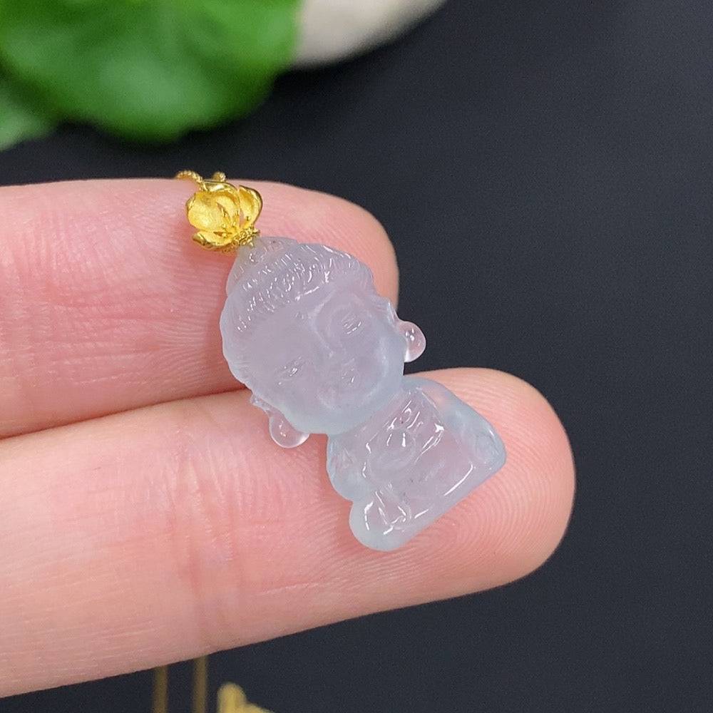 Huiliu Jadeite Baby Buddha pendant with chain, crafted from green jade, featuring a smooth, polished baby Buddha figure.
