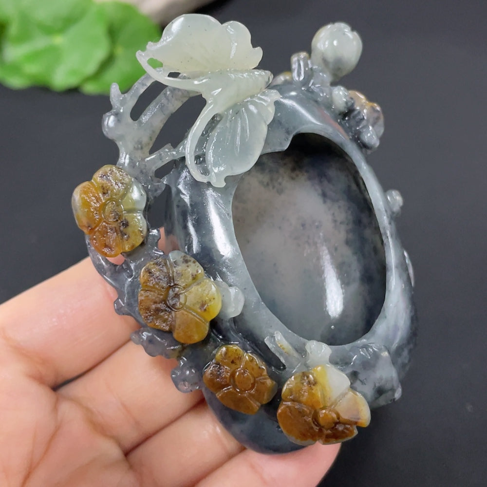 Hetian Jade Ornament - Butterflies in Love with Flowers, ., Undetermined Skin Color Origin, Contains Other Mineral Components | Huiliu Certified