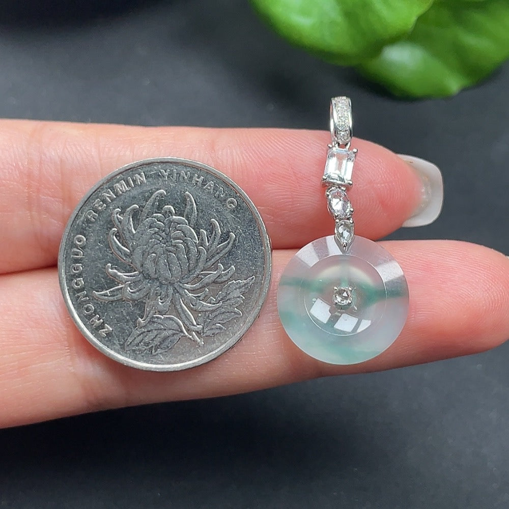 Jadeite inlaid pendant with diamonds (the top clasp is set with real diamonds, the rest large stones are non-diamond) 18k