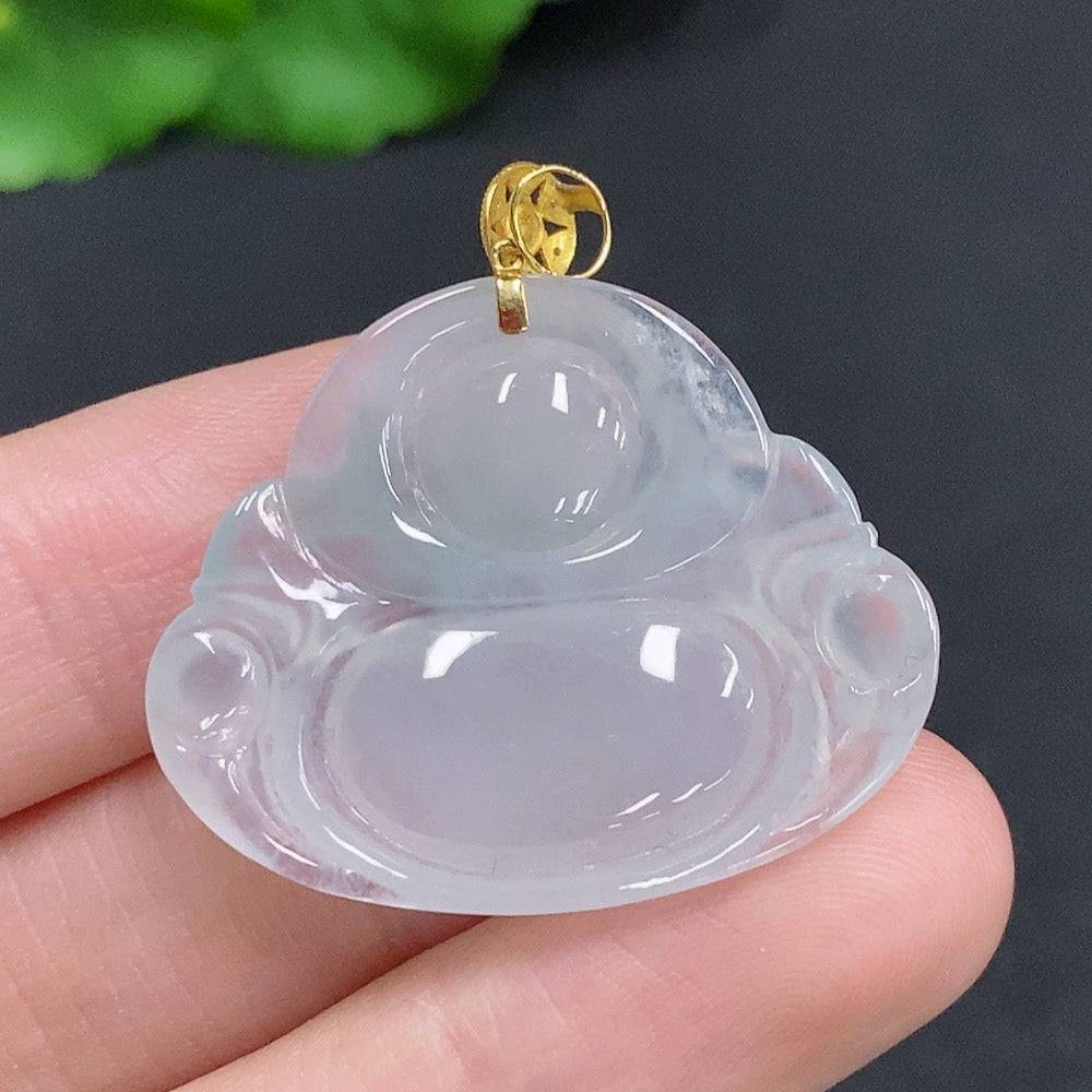 Jadeite Buddha pendant with 18k gold clasp, featuring a smooth green jade surface, weighing approximately 6g, from HUILIU HQ.