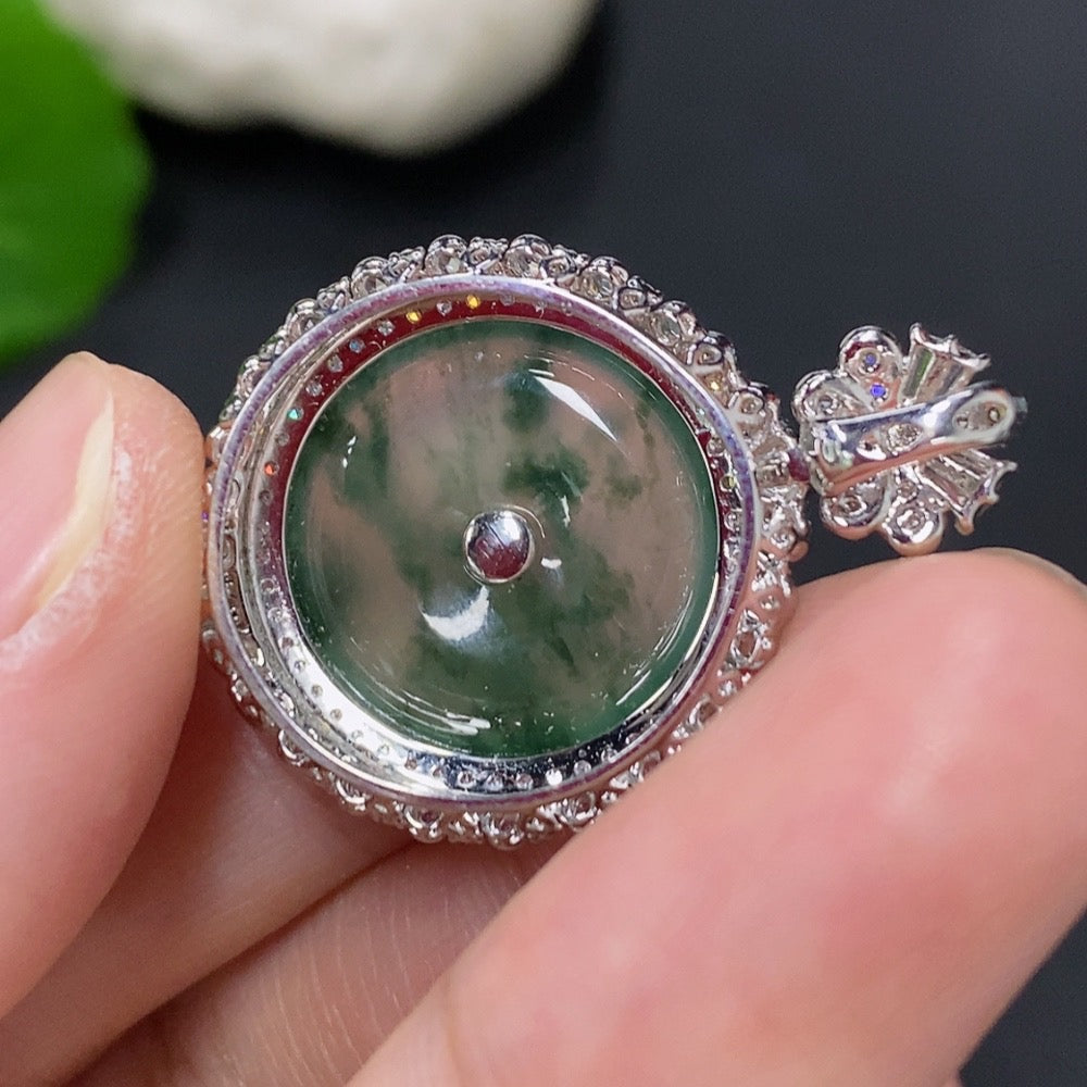 Jadeite Inlaid Peace Pendant with 18k Gold and Diamond Accents