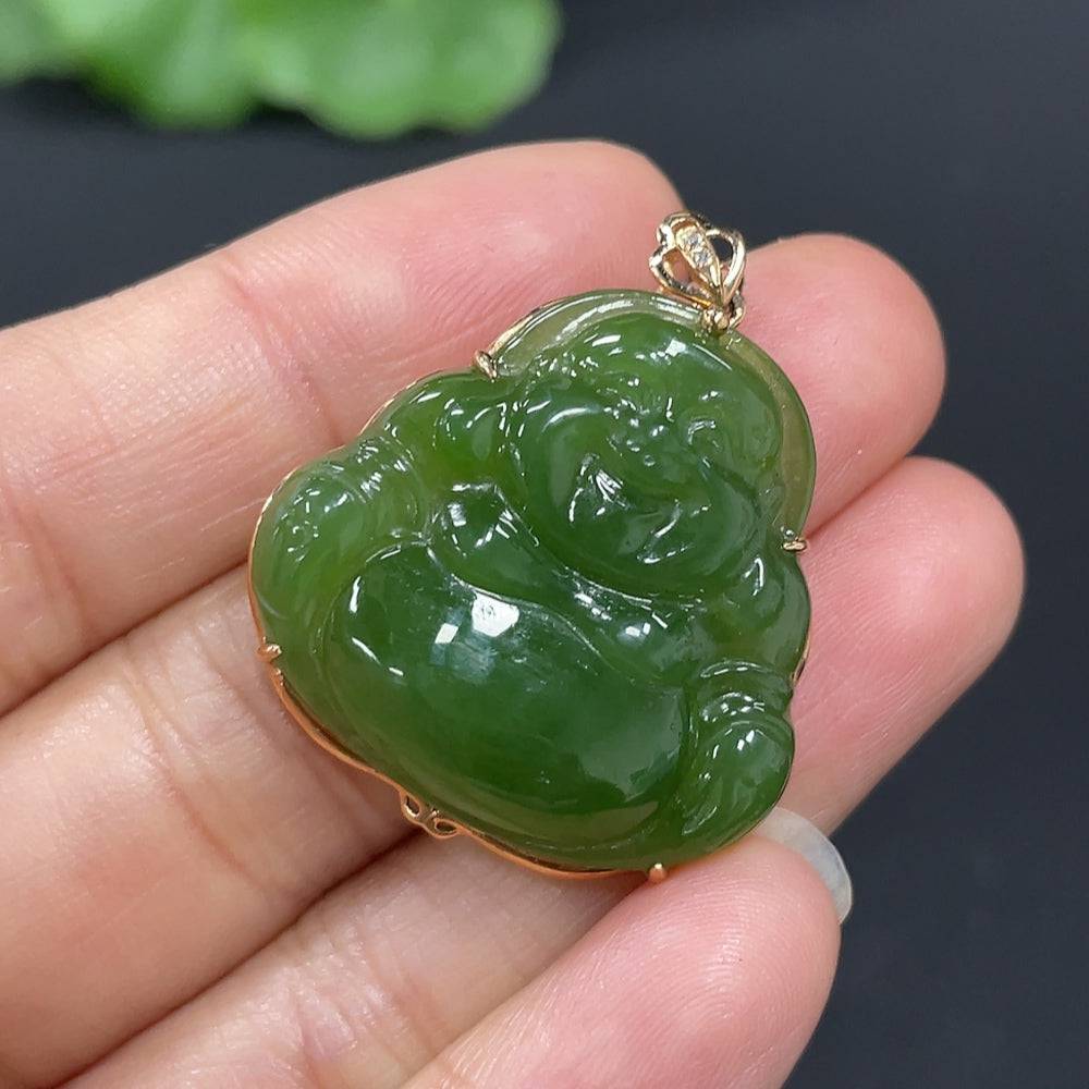 Huiliu HQ Hetian jade Jasper Buddha with inlaid design, showcasing detailed craftsmanship and vibrant natural stone colors.