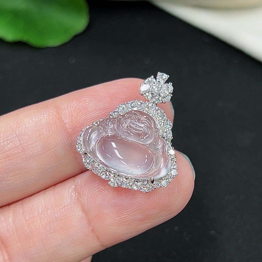 Jadeite Buddha pendant necklace with 18k non-diamond setting, crafted by HKHQ, featuring a detailed Buddha charm on a chain.