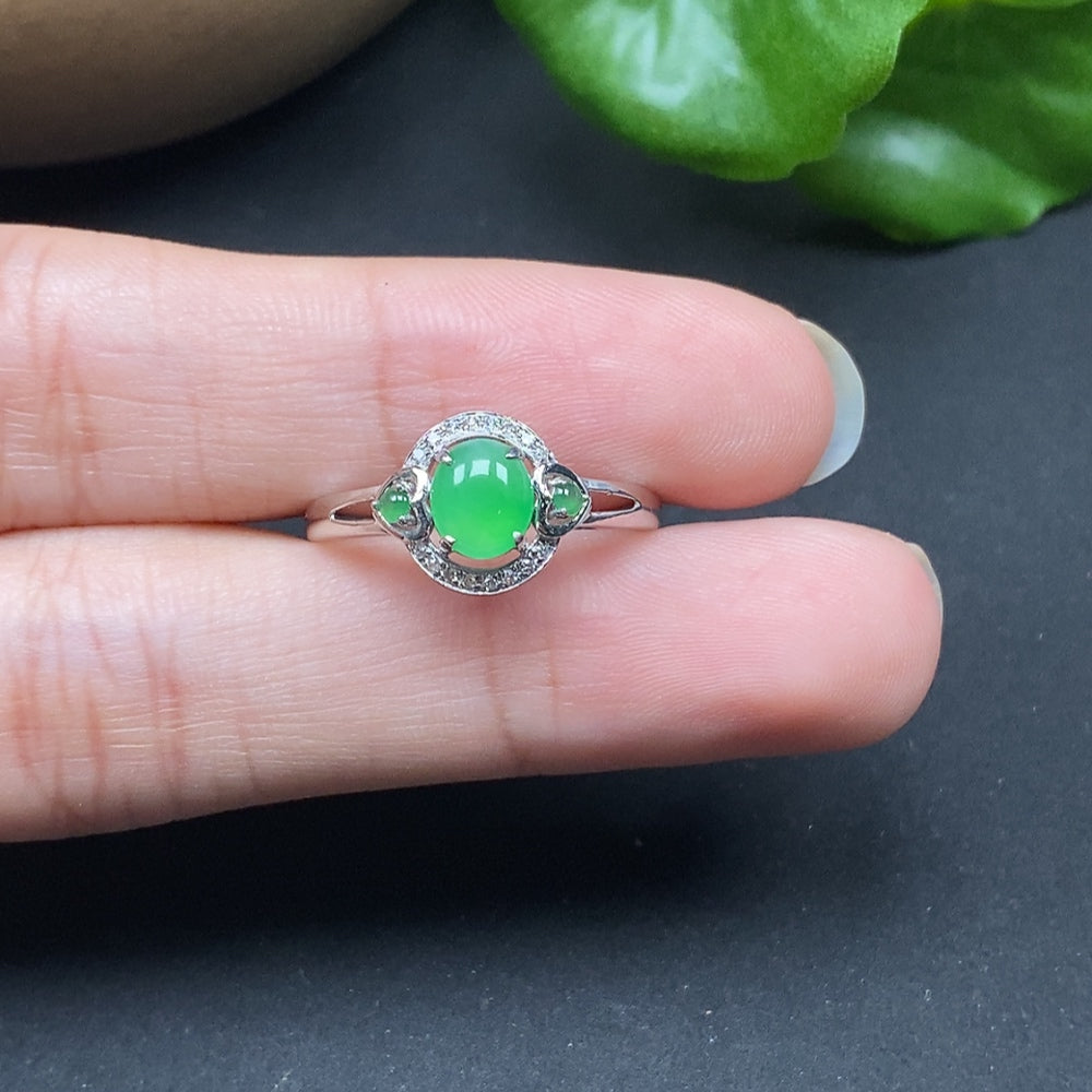 Jadeite inlaid ring with diamond accents, size 18, crafted by HKHQ, featuring a delicate design with 18k gold details.