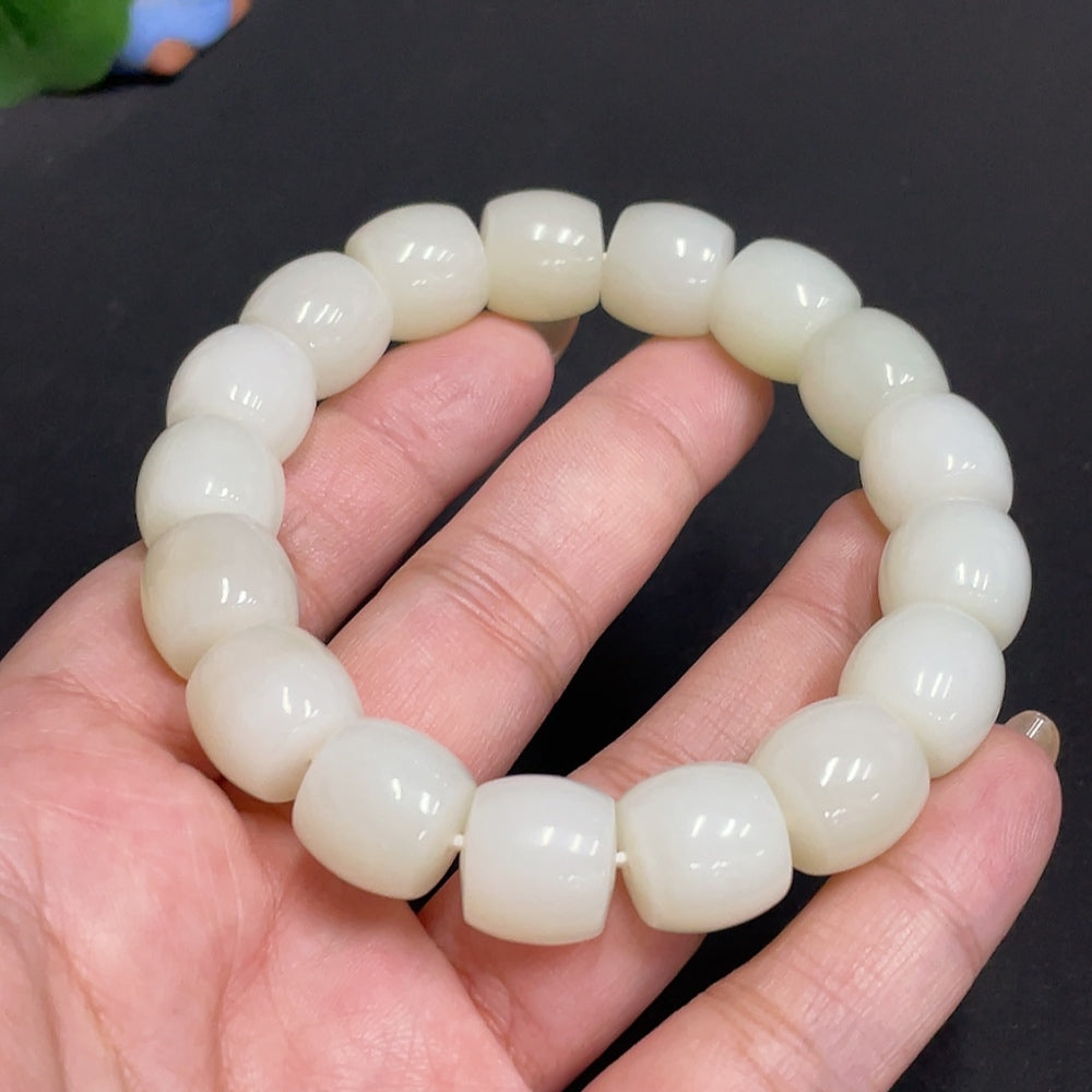 Hetian Jade Bracelet . 12.8 mm Beads . | Huiliu Certified