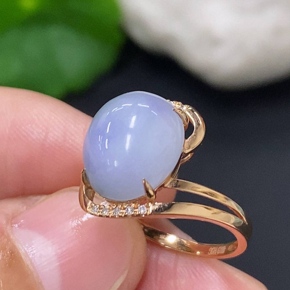 HUILIU HQ Jadeite cabochon ring with diamond accents, showcasing polished jade gemstone and elegant silver band.
