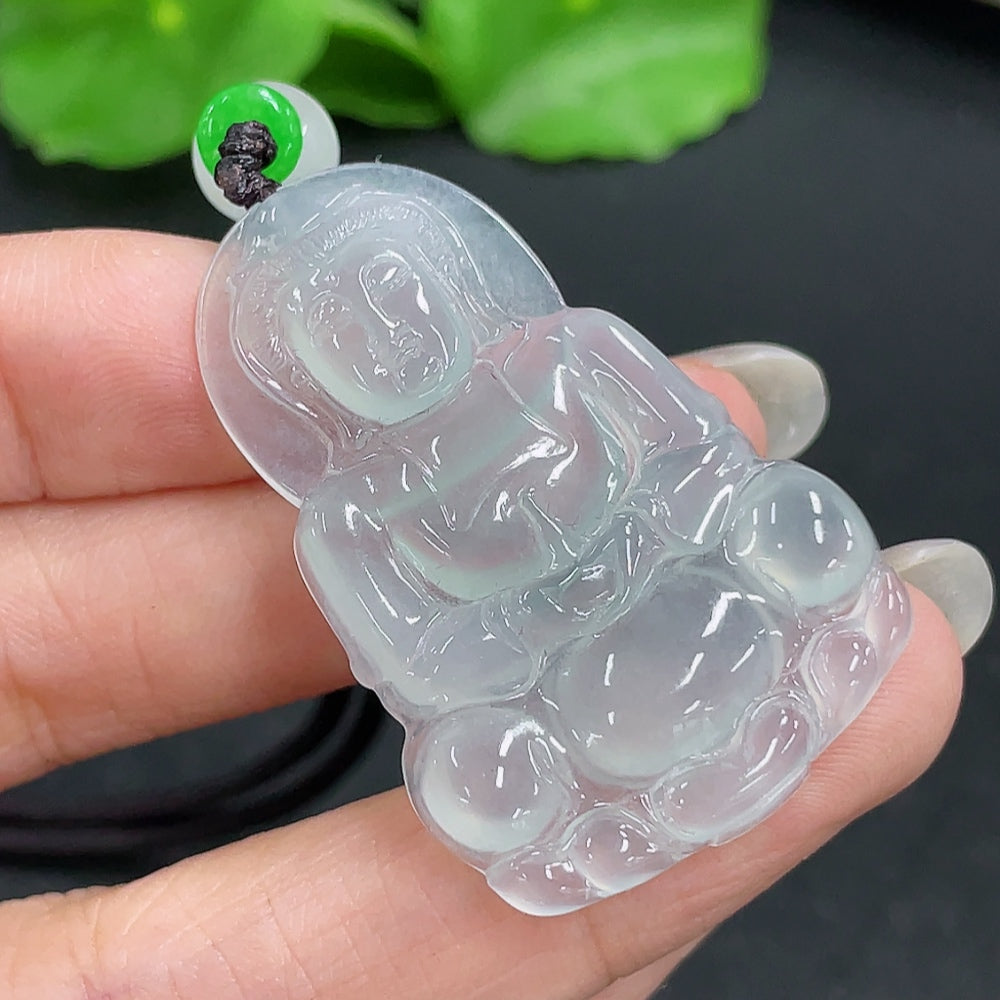 Jadeite Guanyin pendant on a rope necklace, featuring detailed carved Buddhist figure in vibrant green jade, HKHQ brand.