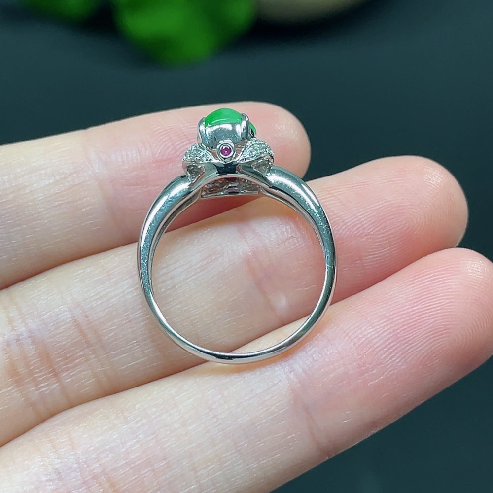 Jadeite Cabochon Solitaire Ring, 18K with Diamond Accents