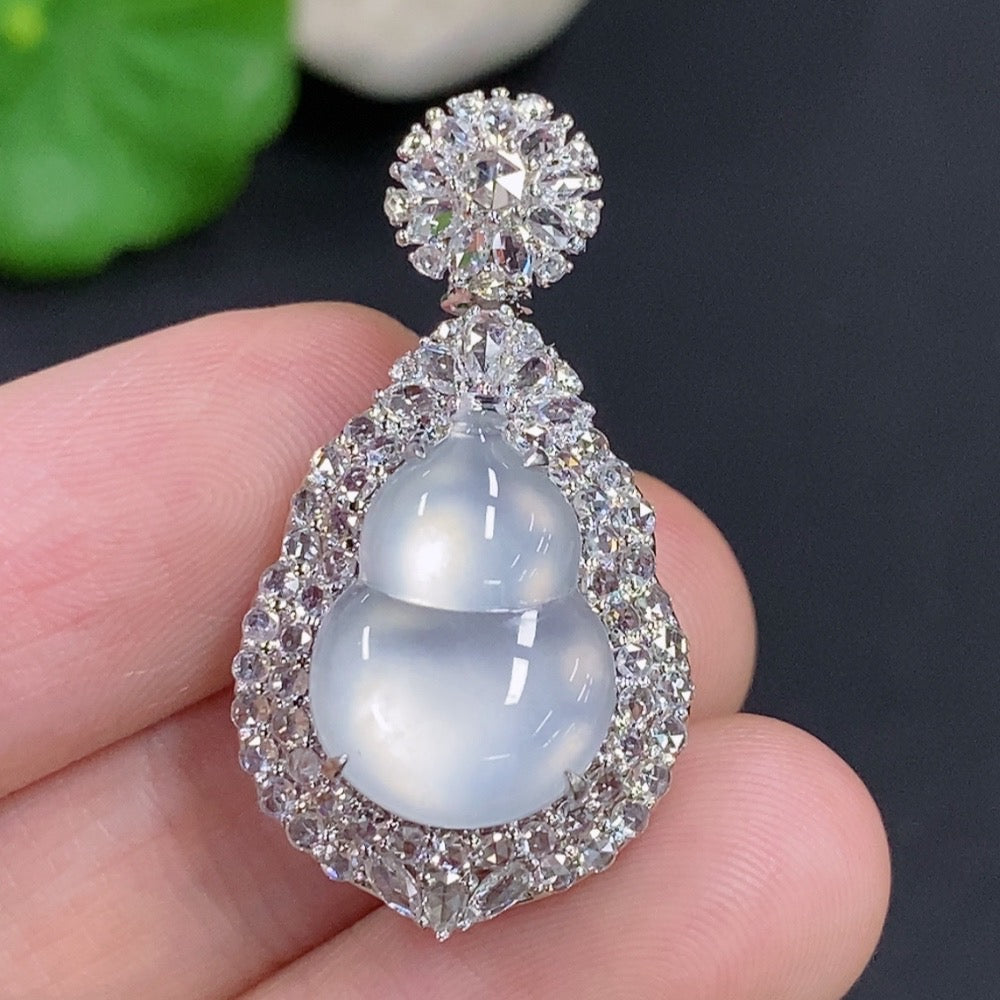 Jadeite gourd pendant with diamond accents on 18k gold necklace, HKHQ jewelry, elegant and intricate design