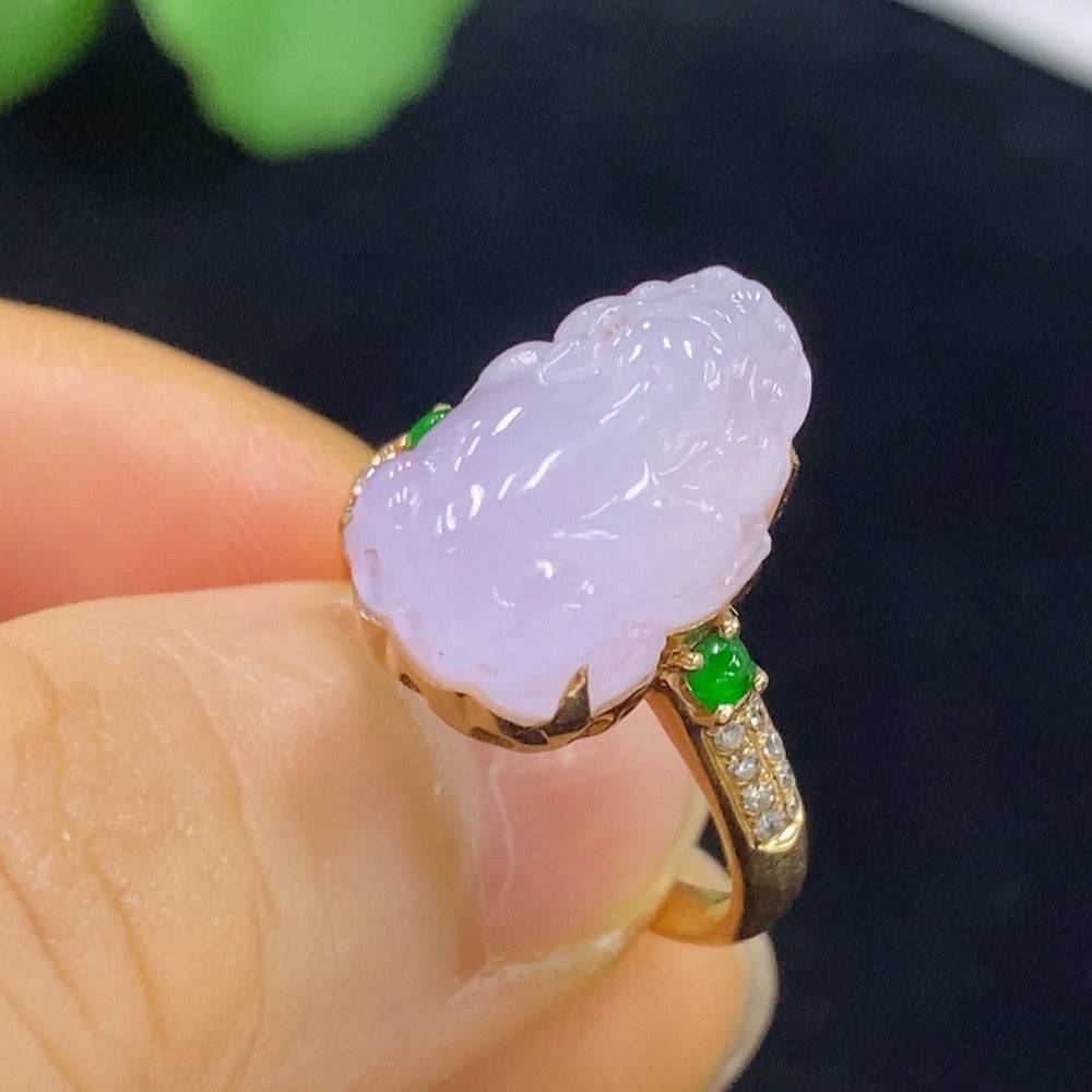 Huiliu Jadeite Pi Xiu ring with diamond inlay, featuring intricate jade design and detailed craftsmanship.