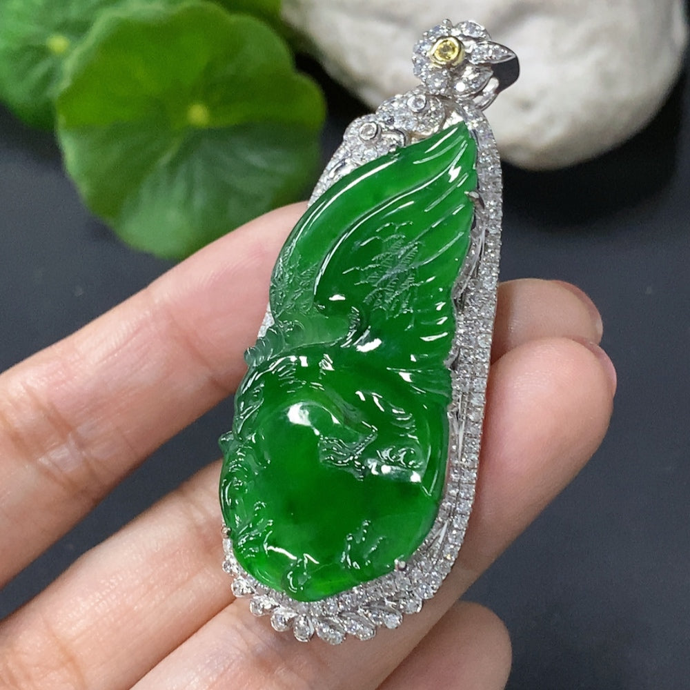 Jadeite Inlaid Pendant Eagle 18K Gold Inlaid Total Weight Approx. 14.8g
