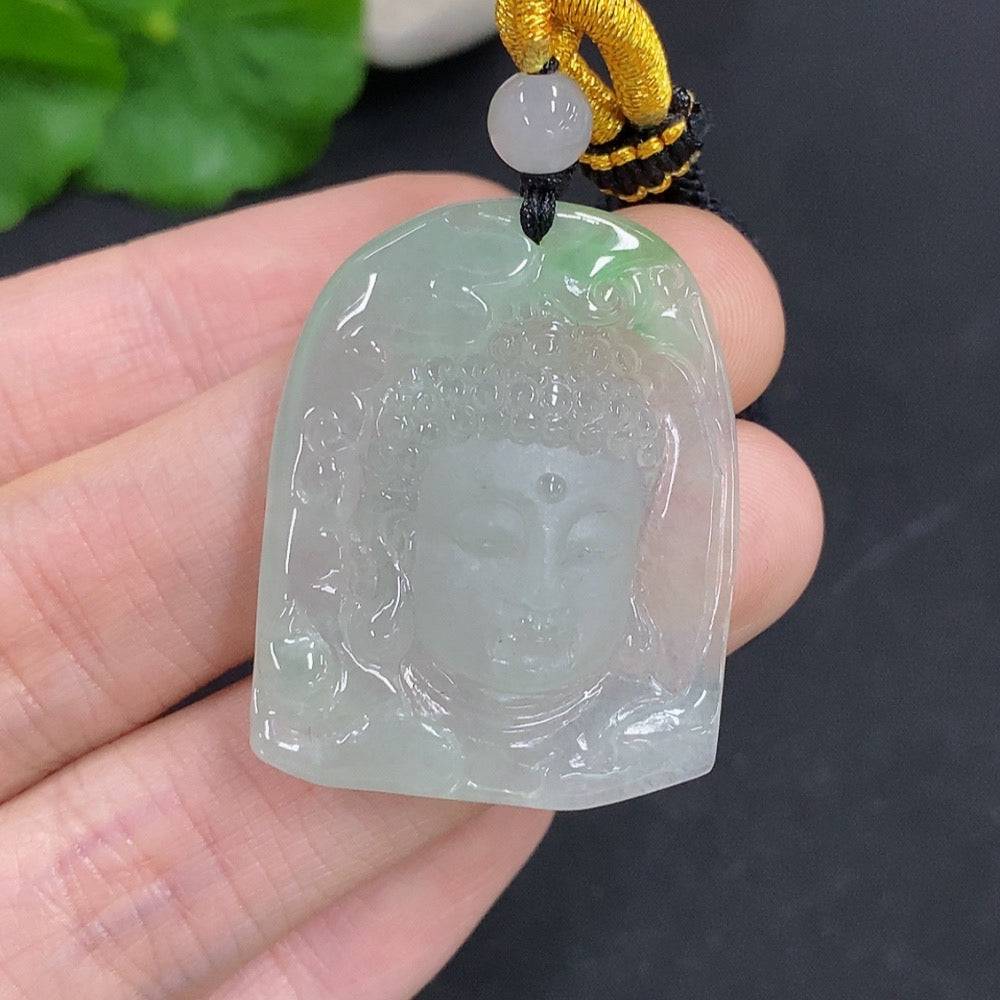 Jadeite pendant Buddha amulet with rope, weighs approximately 14.1g, crafted by HUILIU HQ, featuring a detailed Buddha figure.