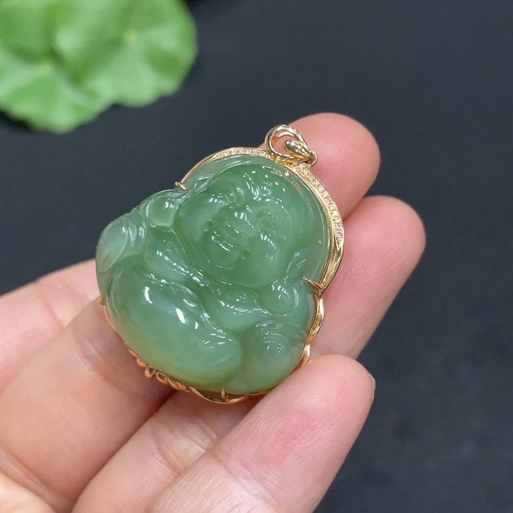 Huiliu HQ Hetian jade jasper Buddha figurine with diamond accents, intricately inlaid, showcasing detailed craftsmanship and natural stone beauty.