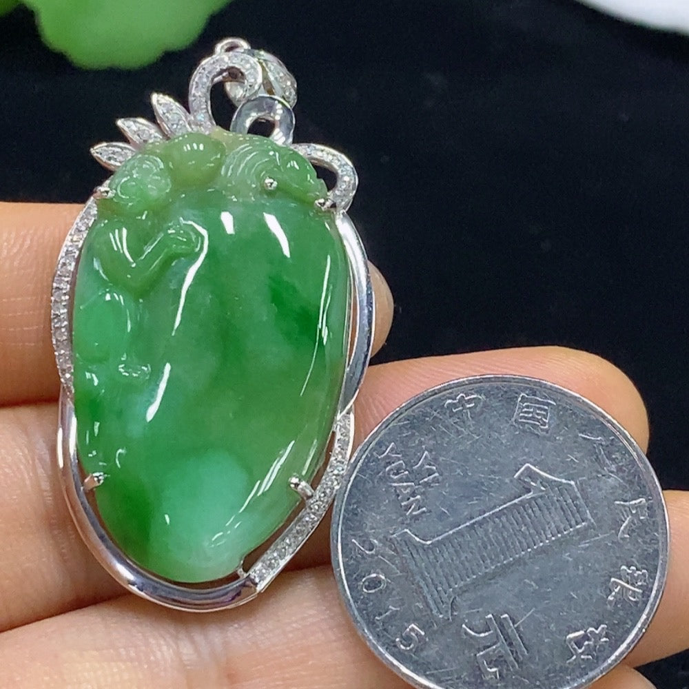 Jadeite Blessing Melon Pendant with 18K Gold and Diamond Accents