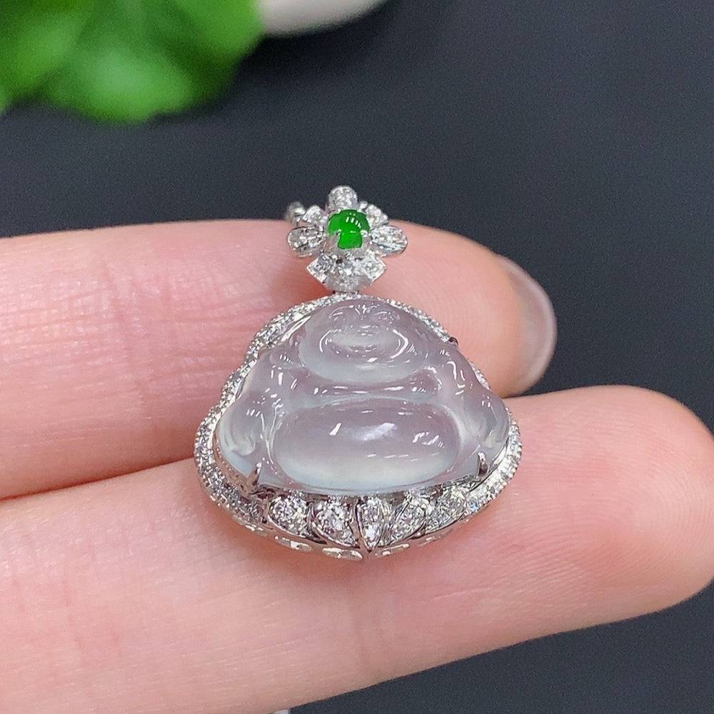 Jadeite Buddha pendant with 18k gold accents and diamond details, weighing approx. 2.2g, showcasing intricate craftsmanship.