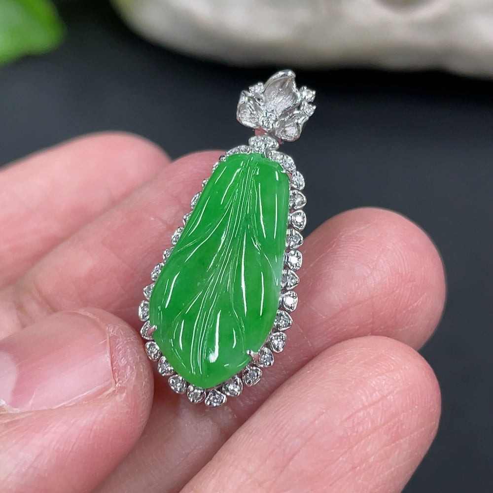 Jadeite Leaf Inlaid Pendant with Diamond Accents . | Huiliu Certified