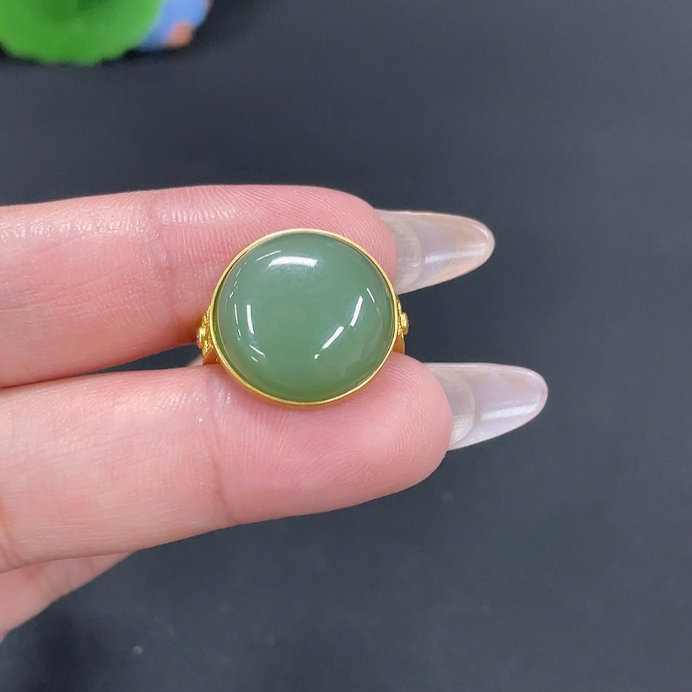 Huiliu Hetian jade inlaid ring featuring smooth jade band with intricate inlay, crafted by HUILIU HQ, certified jade jewelry