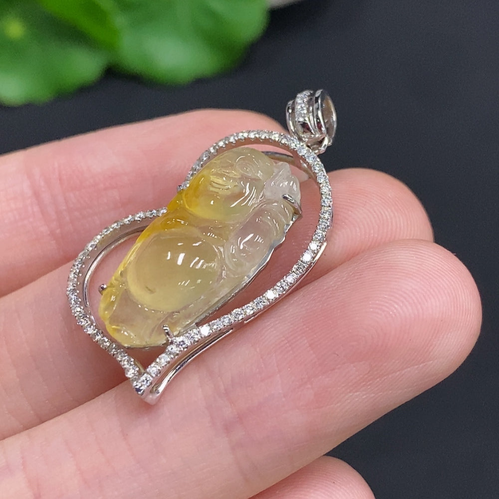 Jadeite Laughing Buddha pendant with 18K gold setting and diamond accents, showcasing the detailed jade carving and gold craftsmanship.