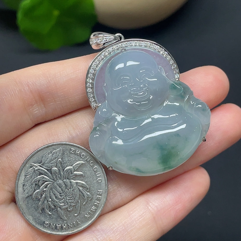 Jadeite Buddha Pendant Set in 18k Gold with Diamond Accents