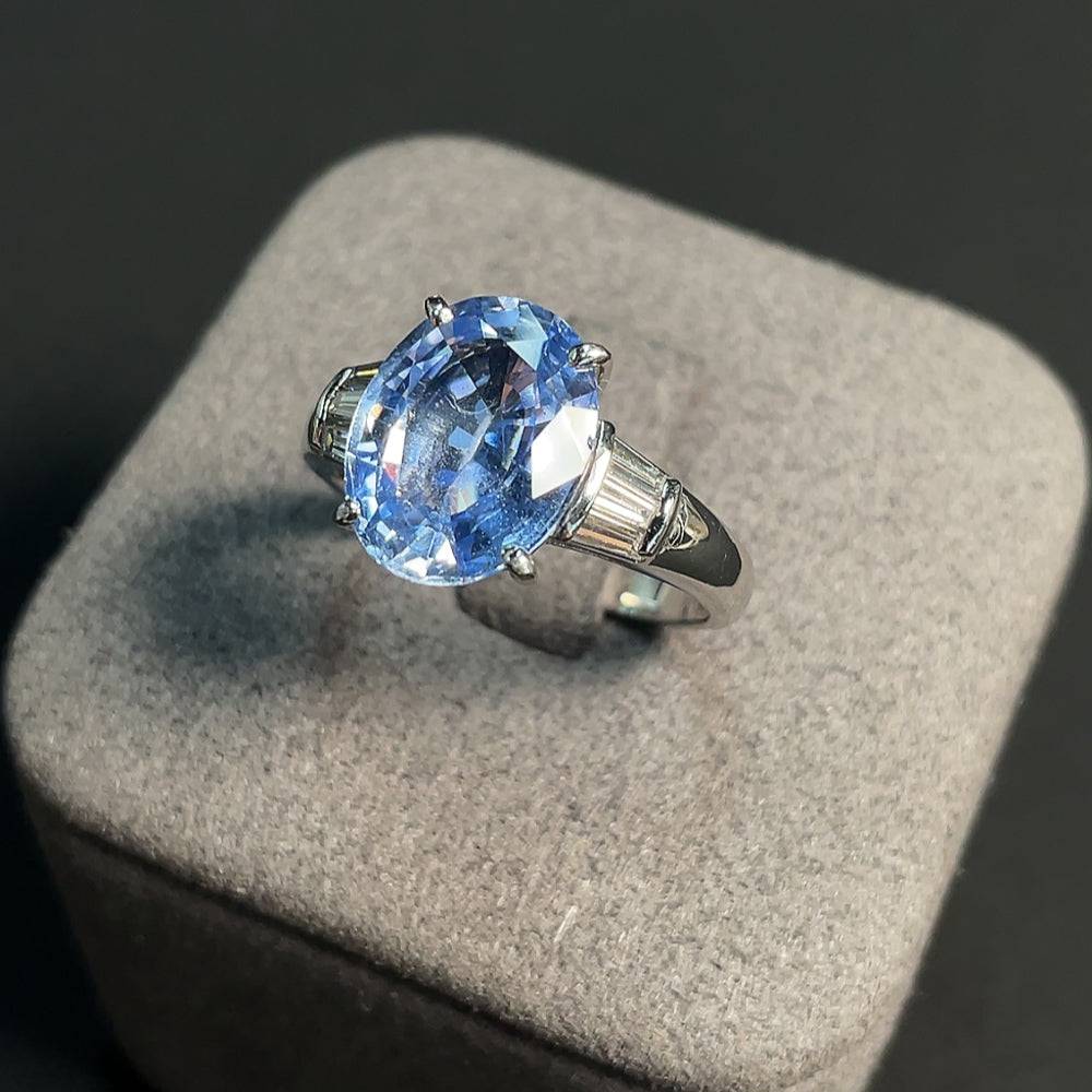 HUILIU HQ sapphire gemstone ring with diamonds, cornflower blue Sri Lankan sapphire, platinum setting, size 17, no heating, 5.41cts