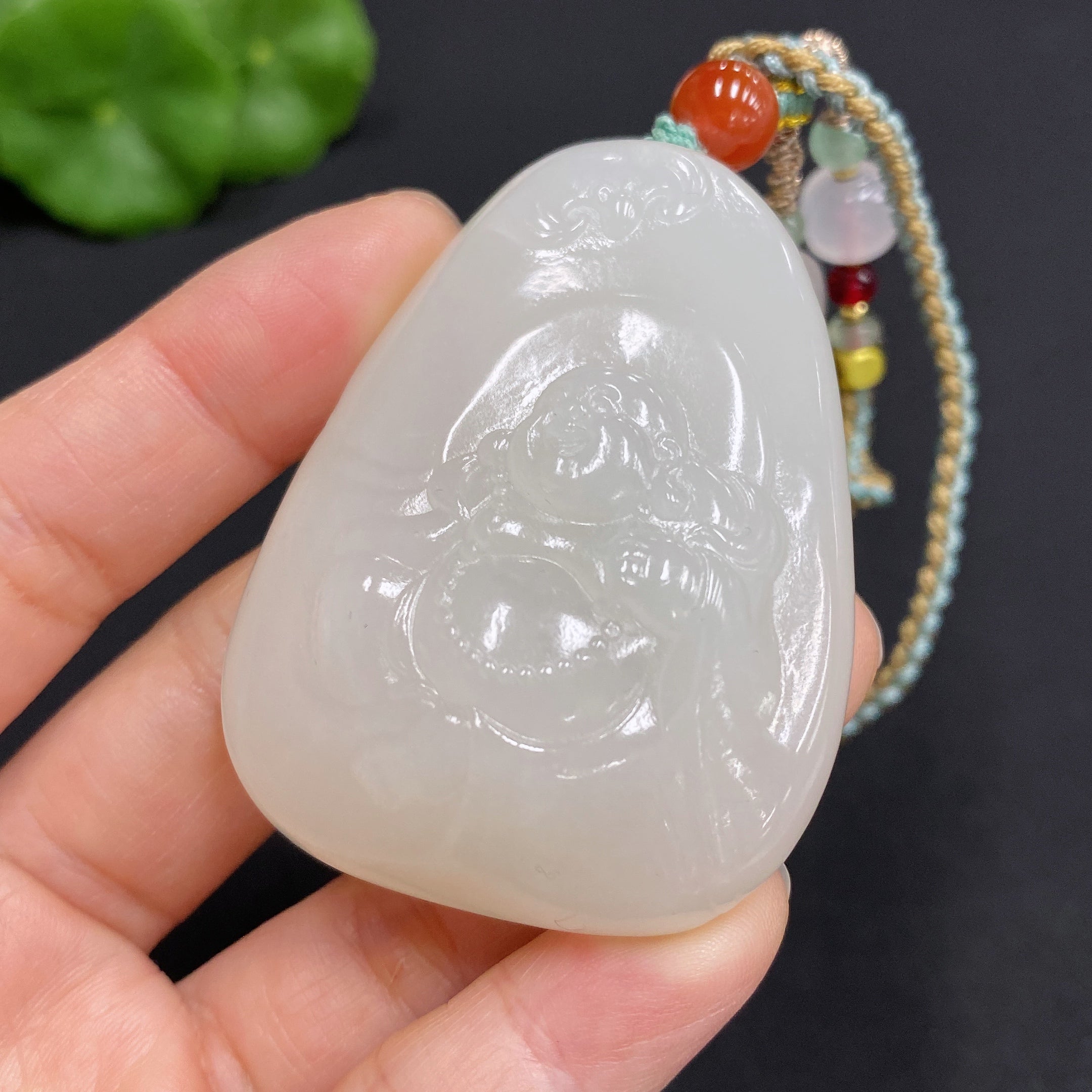 Hetian Jade Pendant Buddha, Total Weight (including rope): 56.8g