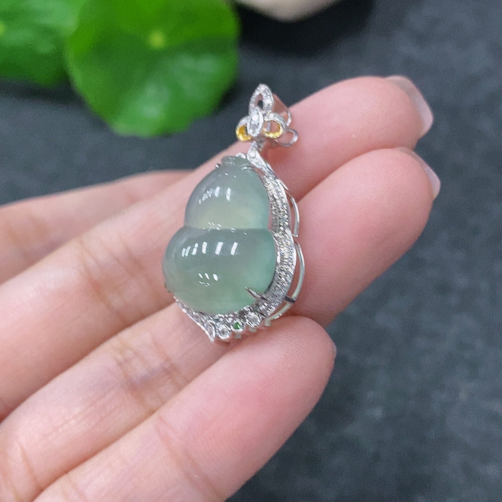 Jadeite Inlaid Gourd Pendant with Diamond Accents Colorless . | Huiliu Certified