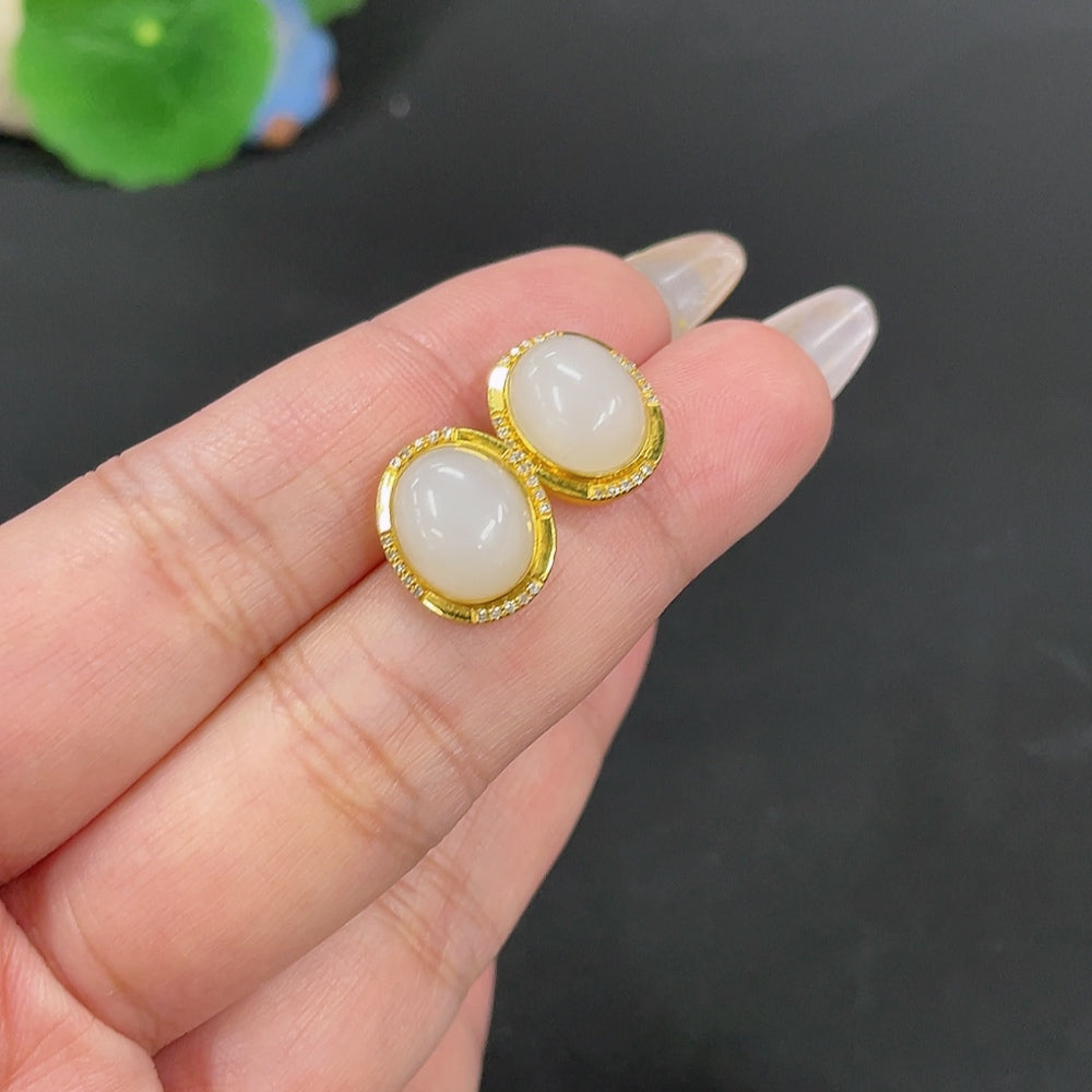 Hetian Jade Inlaid Earrings . with Diamond Accents | Huiliu Certified