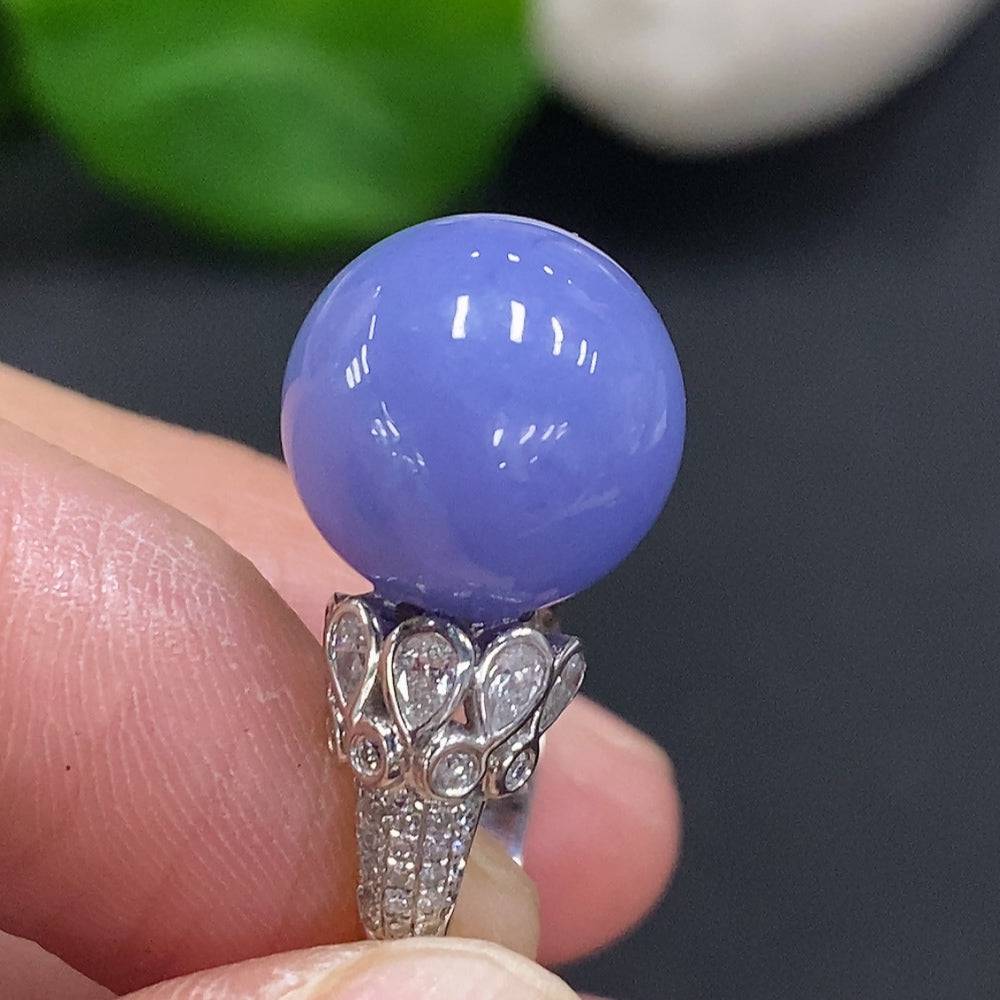 HUILIU HQ jadeite inlaid ring with 18K gold, 12mm stone, diamond accents, size 16, weighing 6.8g.