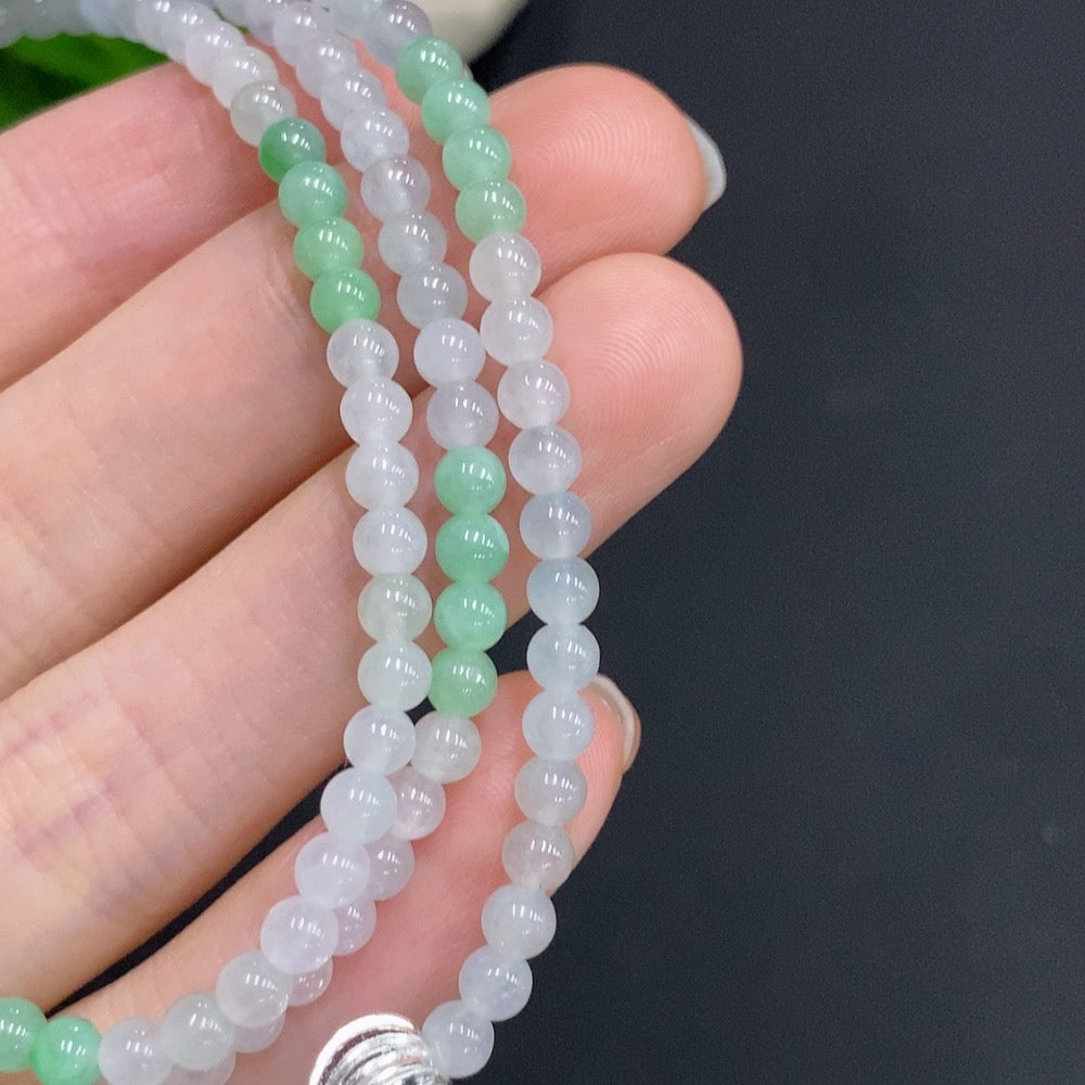 Jadeite bead necklace by HUILIU HQ featuring 3.7mm non-gold inlaid jade beads, total weight approx. 18.5g.