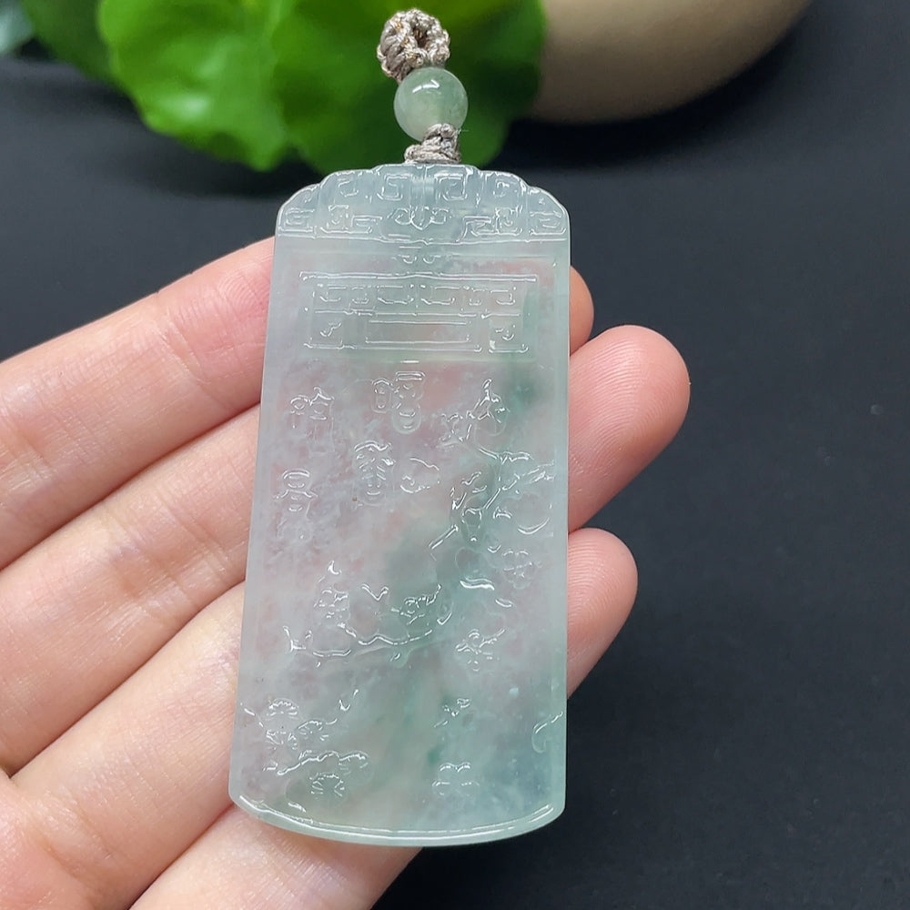 Jadeite Three Friends of Winter plaque with cord, featuring detailed jade carvings by HKHQ, weighing approximately 17.89g.