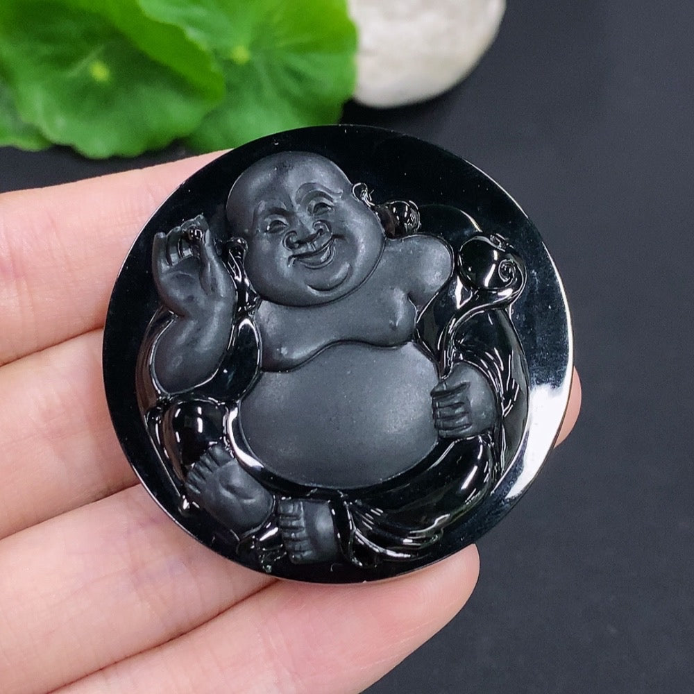 Jadeite Buddha pendant from HKHQ, weighing approximately 44.6g, featuring a detailed carved Buddha figure in vibrant green jade.
