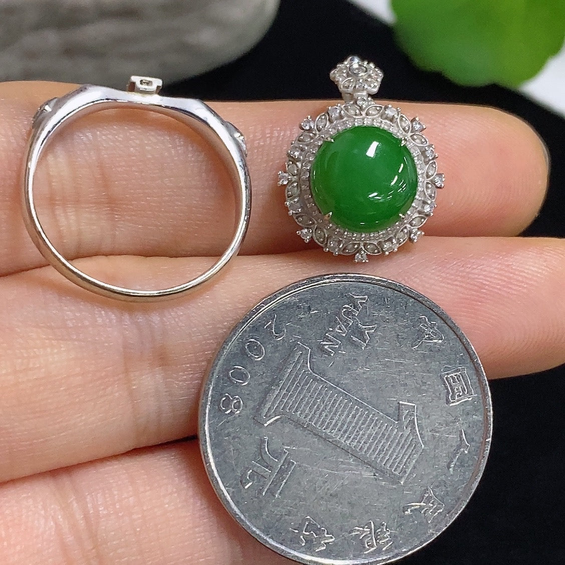 Jadeite Cabochon Ring/Pendant Convertible 18K with Diamond Accents