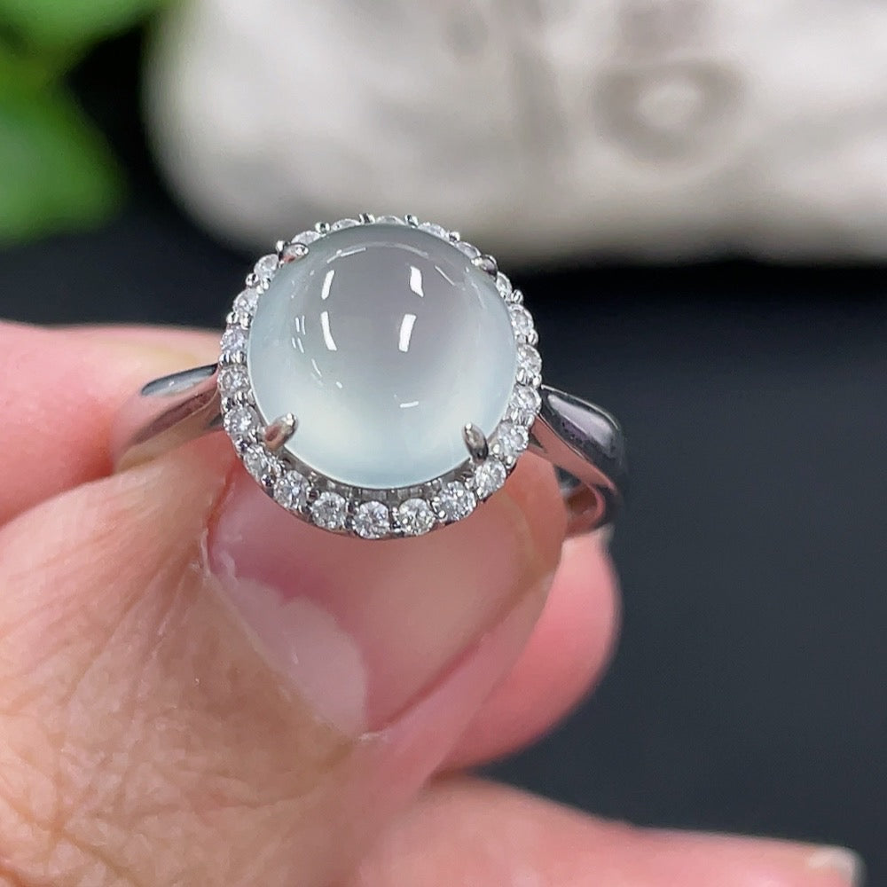 Jadeite Cabochon Inlaid Ring Setting . with Diamond Accents | Huiliu Certified