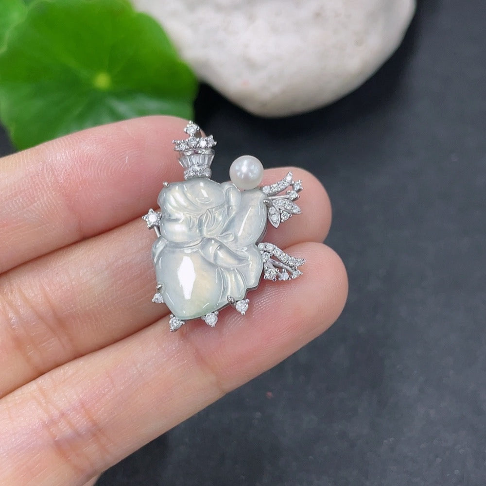 Jadeite fairy pendant by HKHQ with 18K gold, diamond accents, and pearl stones, showcasing intricate craftsmanship and elegant design.