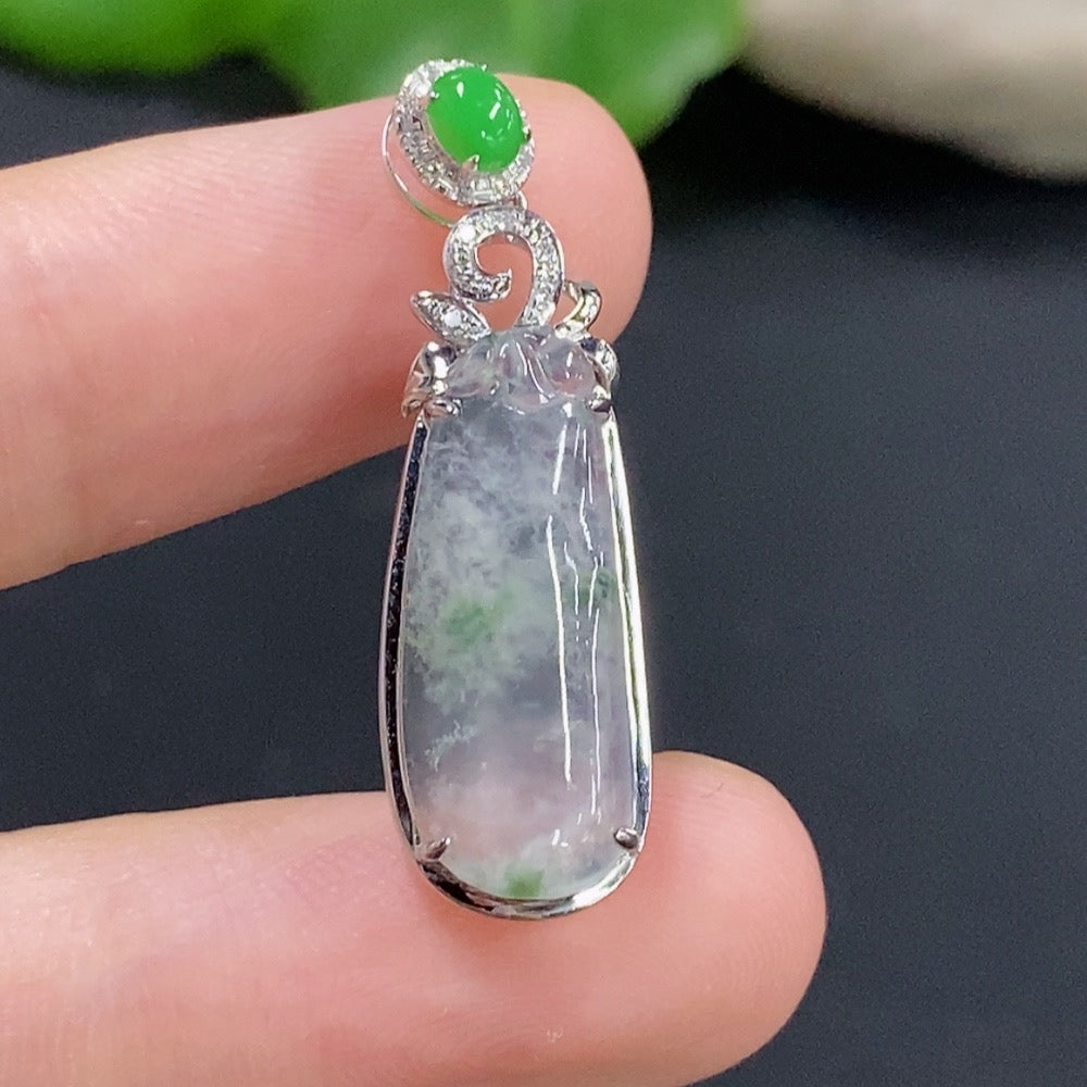 Jadeite auspicious gourd pendant with 18K gold and diamond accents, displayed on a necklace chain.