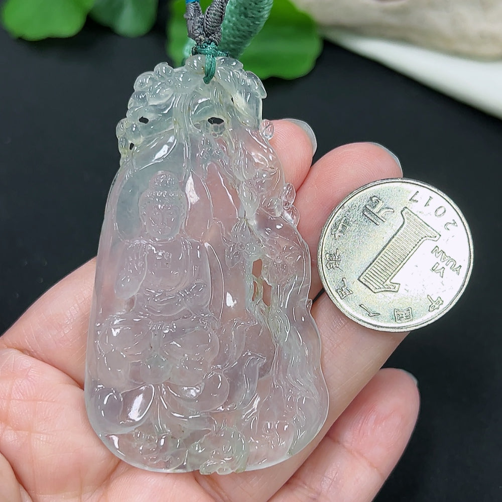 Jadeite Guanyin pendant with cord, crafted from green jade, weighing approximately 27.4 grams, by HKHQ.