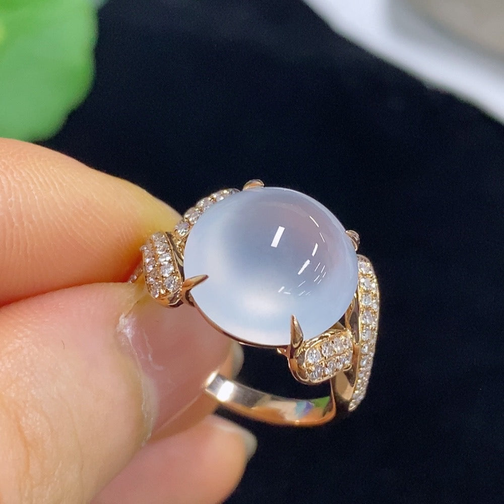 Jadeite Cabochon Ring with 18k Gold and Diamond Accents, Size 19, Total Weight Approximately 8.62g