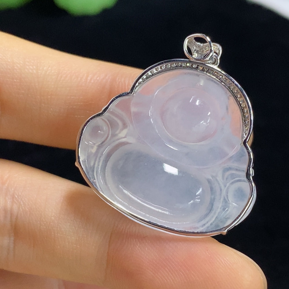 Jadeite Pendant Buddha with 18k Bezel and Diamond Accents, Total Weight Approx. 6.09g